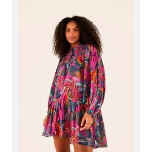 FARM Rio Women's XS Mini Dress Long Sleeve Smocked Neck Tropical Print‎